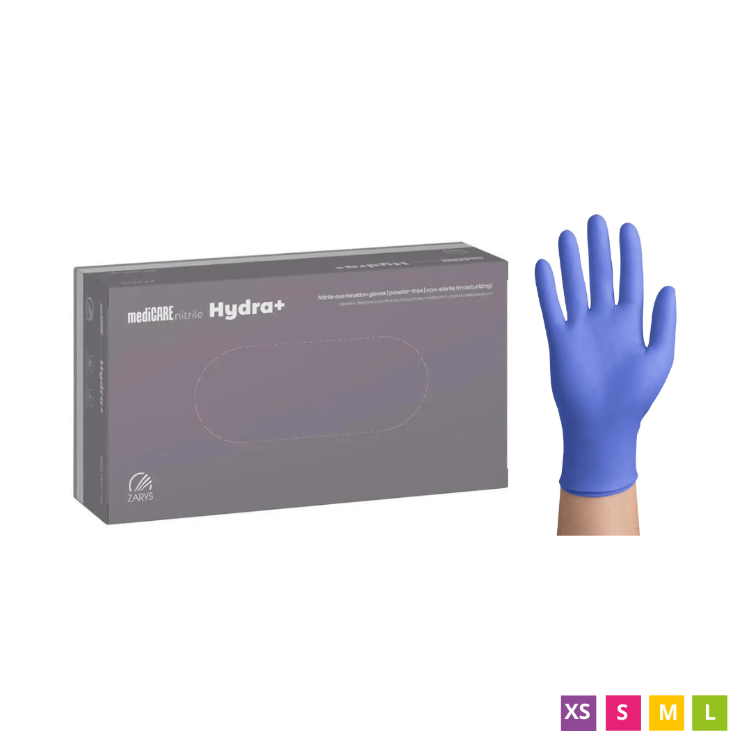mediCARE Nitrile Hydra+ Gants jetables en nitrile, non poudrés, bleu-violet, 100 pièces.