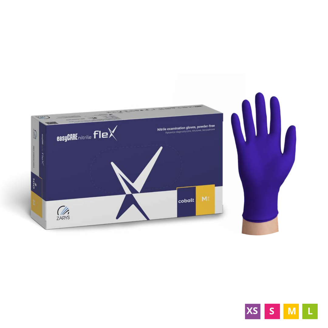 easyCARE Nitrile Flex : gants jetables en nitrile, non poudrés, bleu cobalt, 100 pièces.