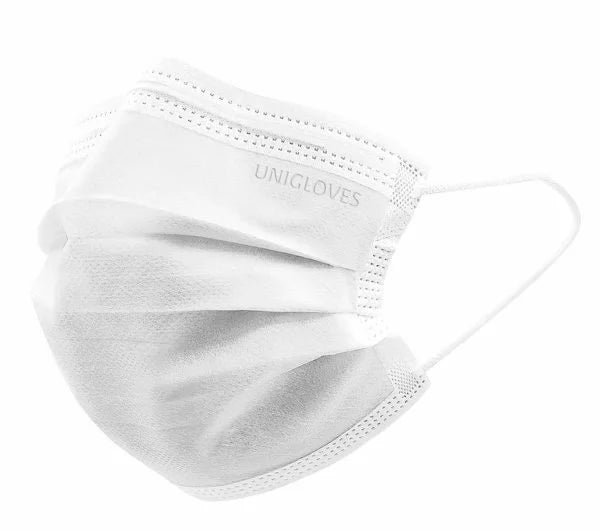 UNIGLOVES Masque facial médical à élastiques PROFIL PLUS WHITE, 3 couches, 50 pièces